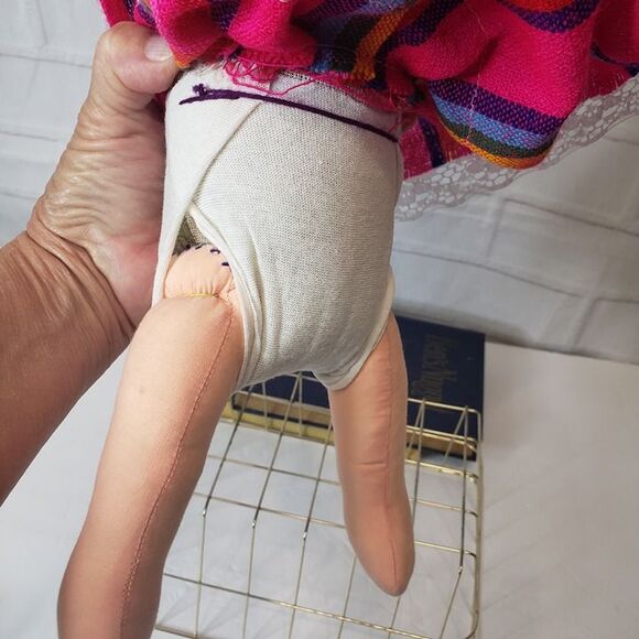 Traditional Handmade Mexican Otomi Lele Pink Rag Cloth Doll 14" Ribbon Soft Toy - Picture 5 of 11